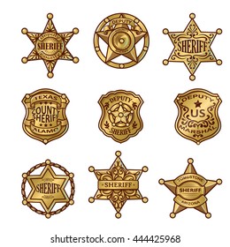 Golgen sheriff badges with stars and shields ribbons flourishes laurel on white background isolated vector illustration svg