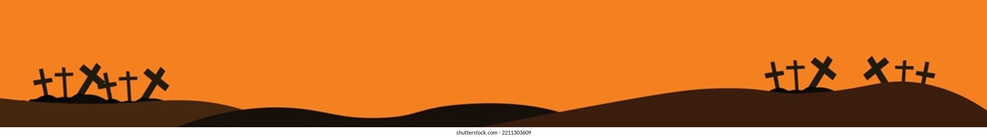 golgotha hill of calvary Halloween tittle background grave yard silhouete in the top of hill and orange background sunny backdrop