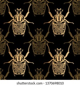 Goliath beetle. Gold foil print on black background. Seamless pattern with insect. Sketch of bug. Realistic drawing. Vector illustration.