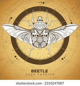 Goliath beetle silhouette with gears on old paper texture background. Punk style. Vector illustration