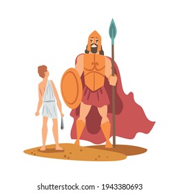 Goliath Philistine Giant and Young David as Narrative from Bible Vector Illustration