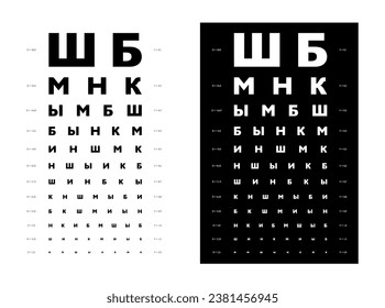 Golovin Sivtsev table Eye Test Chart medical illustration. Vector sketch outline isolated on white and black background. Vision test with Cyrillic letters board optometrist Checking optical glasses