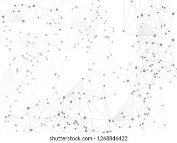 Gometric plexus structure cybernetic concept. Network nodes greyscale plexus background. Dots nodes points lines particles. Nanotechnology backdrop. Coordinates structure grid shape vector.