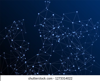 Gometric plexus structure cybernetic concept. Network nodes plexus dark blue background. Coordinates structure grid shape vector. Wireframe minimal design. Dots nodes points lines particles.