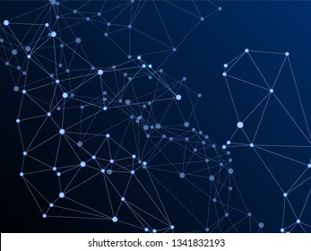 Gometric plexus structure cybernetic concept. Network nodes plexus dark blue background. Interlinkes nodes cells random grid. Coordinates structure grid shape vector. Molecular biology backdrop.
