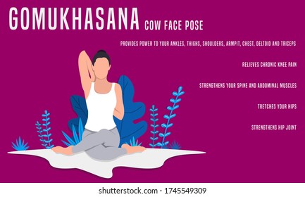 Gomukhasana o vaca enfrentan la piel. Concepto de Fitness de Yoga. Ilustración de una mujer haciendo yoga.