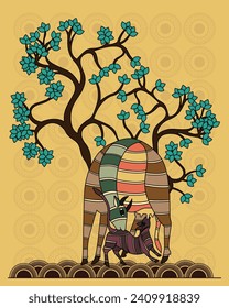 Gond Art: Deer and Fawn with Beautiful Tree, Modern Abstract Wall Decor. Gond Art, Deer and Fawn, Beautiful Tree, Modern Abstract Art, Wall Decor.