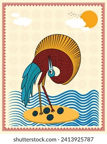 Gond Art Elegance: Flamingo, Her Egg, Nature, and Sun. Gond Artwork with Flamingo, Elegant Flamingo Wall Decor, Gond Art with Nature and Sun.