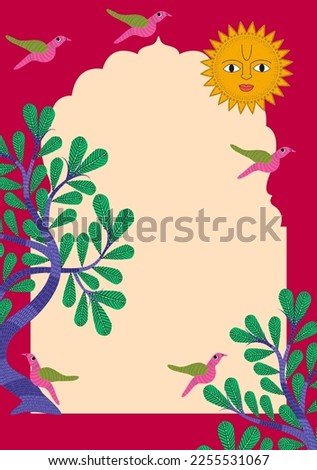 Gond art , invitation card Greeting card , indian folk art  birds , sun , trees in isolated background Stock fotó © 