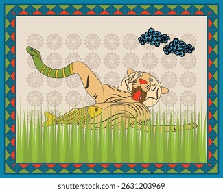 Gond Art: Powerful Trio - Lion, Snake, and Fish Symbolism. Gond art, Indian tribal art, Gond painting, Gond animal combination