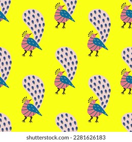 Gond art seamless pattern , peacock pattern isolated on yellow background , indian tribal art , ethnic pattern