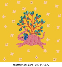 Gond Painting , Indian Tribal Art , Folk Art , Elephant With Tree