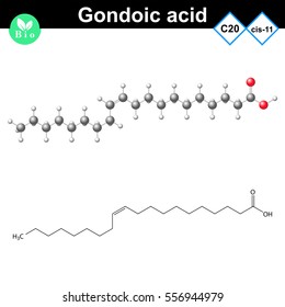 Gondoic unsaturated fatty acid molecule, cis isomer chemical structure, 2d and 3d vector illustration, eps 10