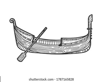 Dibujo vectorial con fondo plano de Gondola en bote remo veneciano. Diseño de impresión de ropa de camiseta. Imitación de tablero de raquetas. Imagen dibujada a mano en blanco y negro.