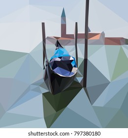 Gondola floats on the water in Venice, Italy. Abstract low poly vector illustration