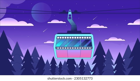 Gondola lift in summer forest night lo fi chill wallpaper. Aerial cableway with shooting stars 2D vector cartoon landscape illustration, vaporwave background. 80s retro album art, synthwave aesthetics