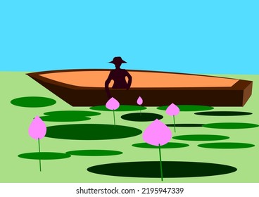 Gondel und Lotusblume, Vektorgrafik, geeignet für Bilder über Boote, Sümpfe, natürliche Gewässer.