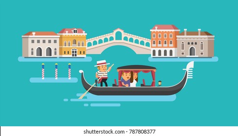 Gondola On Canal Grande In Venice. Vector Illustration