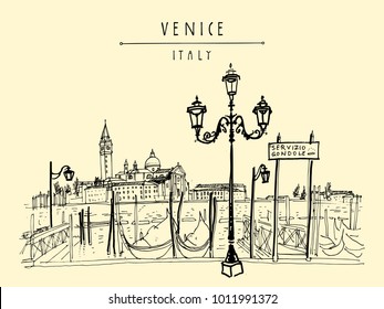 Gondola pier in Venice, Italy. Boat service station and Lido island. Hand drawing. Vintage artistic book illustration. Travel sketch. Retro style touristic postcard, poster, greeting card in vector