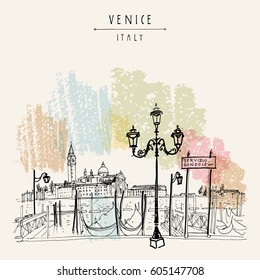 Gondola pier in Venice, Italy. Boat service station and Lido island. Hand drawing. Vintage artistic book illustration. Travel sketch. Retro style touristic postcard, poster, greeting card in vector.