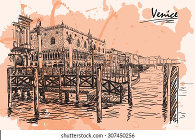 Gondola quays and embankment crowded with tourists in front of Piazza di San Marco in Venice. Sketch imitating ink drawing with a grunge background on a separate layer. EPS10 vector illustration