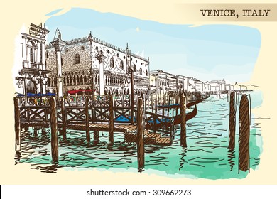 Gondola quays and embankment crowded with tourists in front of Piazza di San Marco in Venice, Italy. Painted sketch imitating ink pen drawing above blurry watercolor. EPS10 vector illustration.