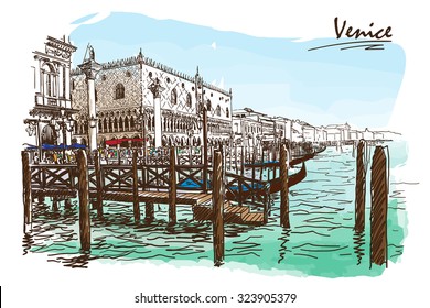 Gondola quays and embankment crowded with tourists in front of Piazza di San Marco in Venice, Italy. Painted sketch imitating ink pen drawing above blurry watercolor. EPS10 vector illustration.