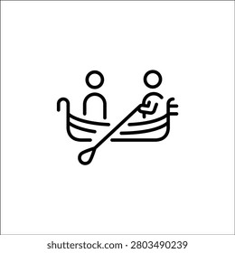 Gondola ride icon. Simple and minimal line art illustration of a gondola with a gondolier and a passenger. Perfect for travel, tourism related to Venice and Italian heritage. Vector illustration