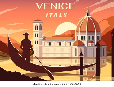 A gondola with a silhouetted rower glides before grand historic buildings under a warm sunset sky in a flat style, evoking travel inspiration. Vector illustration