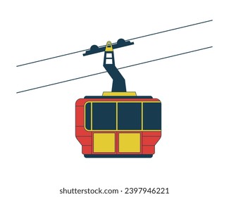 Gondola ski lift riding 2D linear cartoon object. Cabin cableway isolated line vector element white background. Aerial skilift. Ski resort transportation ropeway color flat spot illustration