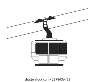Gondola ski lift riding black and white 2D line cartoon object. Cabin cableway isolated vector outline item. Aerial skilift. Ski resort transportation ropeway monochromatic flat spot illustration