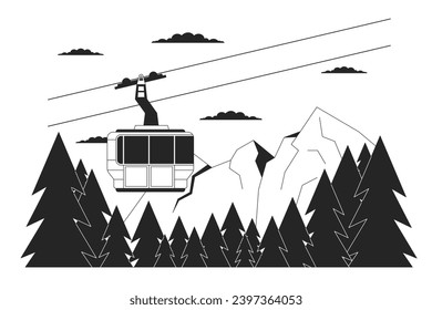 Dibujo plano de dibujos animados en blanco y negro sobre el bosque de montaña Gondola skilift. El elevador de esquí de ascensores aislado paisaje de 2D lineart. Ski resort invierno temporada monocroma escena contorno vectorial imagen