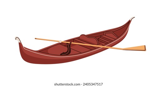 Gondola, Venetian boat. Old wooden vessel for water trip in vintage style. Wood transport, traditional Venice taxi. Flat vector illustration isolated on white background