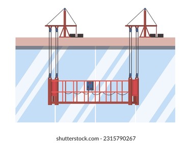 Gondola for washing windows or painting walls. Wall industrial building, Suspended construction basket, skyscraper facade business center. Cartoon flat style isolated vector concept