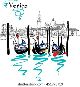 Gondolas moored by Saint Mark square with San Giorgio di Maggiore church in the background in Venice lagoon, Italia.