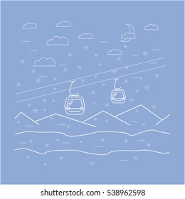 Gondolas moving in snow Mountains at night with falling snowflakes in outlined design and thin lines