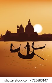 Gondolas on the Grand Canal  against the background of the Church of Santa Maria Della Salute in Venice, Italy.