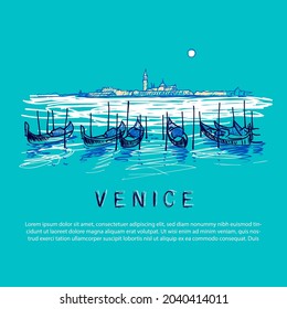 Gondolas in Venice banner. Hand drawn colored sketch illustration with moored gondolas view of San Giorgio Maggiore church in Venice, Italy.