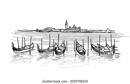 Gondolas in Venice, Italy. Hand drawn vector sketch illustration with moored gondolas view of San Giorgio Maggiore church in Venice, Italy.