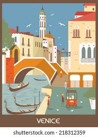 Gondolas in Venice, Italy in sunny day.Vector