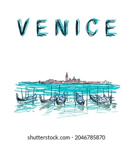 Gondolas in Venice sketch. Hand drawn colored sketch illustration with moored gondolas in Venice, Italy.