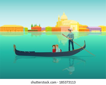 Gondolier in a gondola boat with a couple in love in a beautiful and romantic city Venice, Italy. Vector design illustration Venezia colorful landscape, italian street seafront silhouette, canal.