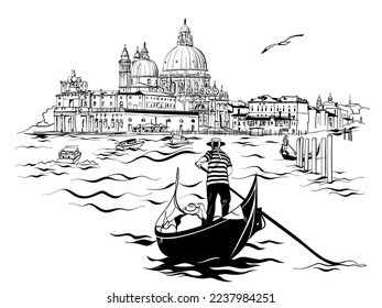 Gondolier in gondola on Grand Canal, Saint Mary of Health in background, Venice, Italy. Black and white