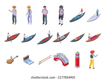 Los iconos gondolier configuran un vector isométrico. Puente de Venecia. Botes Gondola