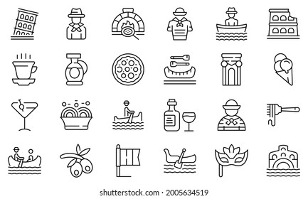 Gondolier Icons Set Outline Vector. Venice Bridge Gondola. Canal Boat Man