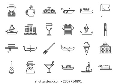 Gondolier icons set outline vector. Venice bridge. Boat canal