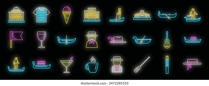 Gondolier icons set outline vector. Venice bridge. Boat canal neon color on black