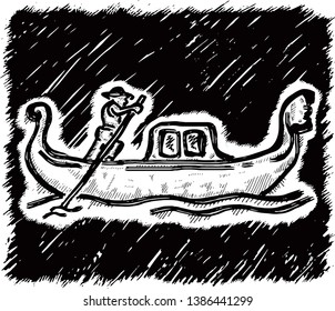 A gondolier rowing a gondola. Hand drawn vector illustration. 
