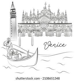 The gondolier swims in front of the Campanile, St. Mark Cathedral and the Columns of San Marco and San Teodoro in Venice, Italy. Black and white outline hand drawn vector sketch