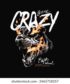 gone crazy calligraphy slogan with black and white fire dog graphic hand drawn vector illustration on black background